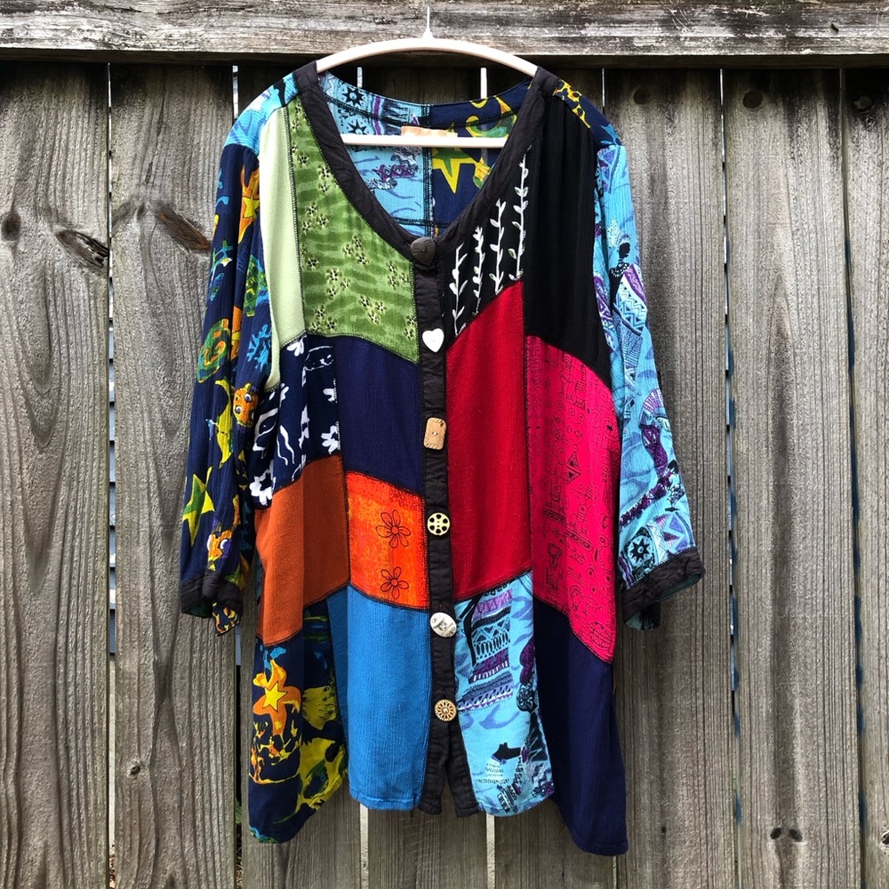 LA Cera Patchwork Top Mixed Button Size 2X Multicolor Boho Blouse